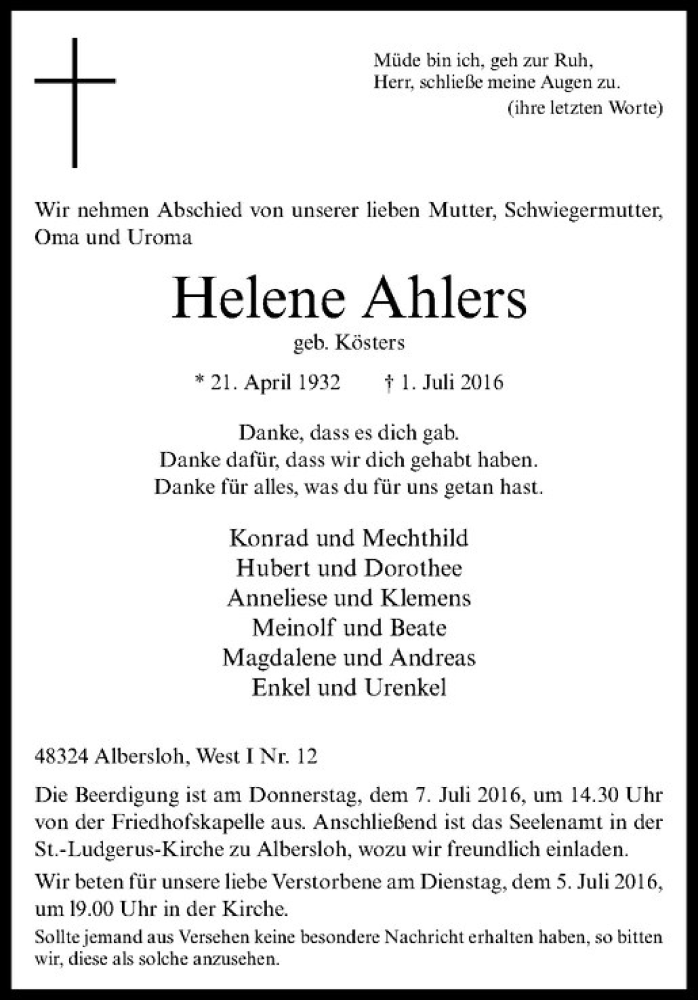  Traueranzeige für Helene Ahlers vom 05.07.2016 aus Westfälische Nachrichten