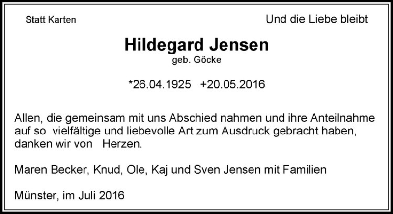 Traueranzeige für Hildegard Jensen vom 09.07.2016 aus Westfälische Nachrichten