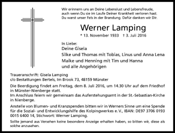 Anzeige von Werner Lamping von Westfälische Nachrichten