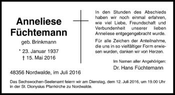 Anzeige von Anneliese Füchtemann von Westfälische Nachrichten