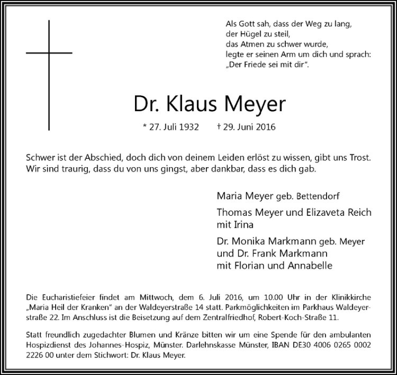  Traueranzeige für Klaus Meyer vom 02.07.2016 aus Westfälische Nachrichten