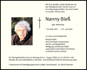 Anzeige von Nanny Bleß von Westfälische Nachrichten
