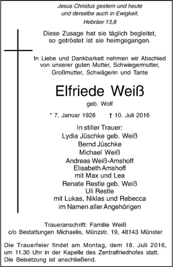 Anzeige von Elfriede Weiß von Westfälische Nachrichten