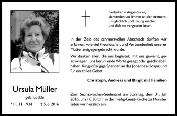 Anzeige von Ursula Müller von Westfälische Nachrichten