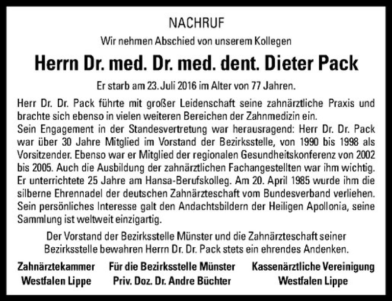  Traueranzeige für Dieter Pack vom 30.07.2016 aus Westfälische Nachrichten