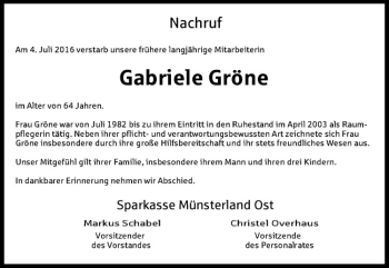 Anzeige von Gabriele Gröne von Westfälische Nachrichten