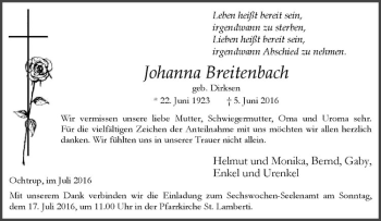 Anzeige von Johanna Breitenbach von Westfälische Nachrichten