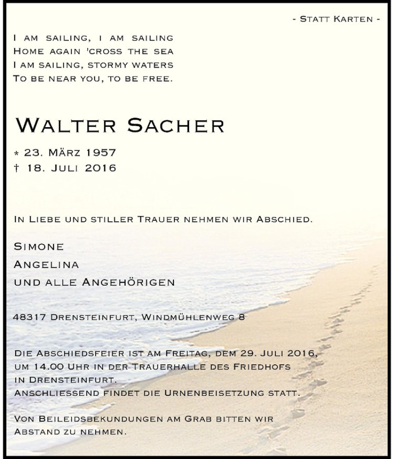  Traueranzeige für Walter Sacher vom 23.07.2016 aus Westfälische Nachrichten