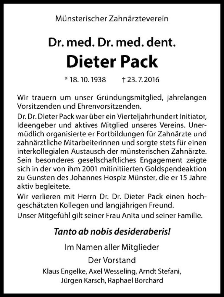  Traueranzeige für Dieter Pack vom 30.07.2016 aus Westfälische Nachrichten