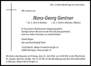 Anzeige von Hans-Georg Gentner von Westfälische Nachrichten