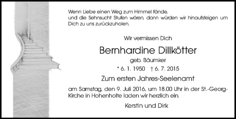  Traueranzeige für Bernhardine Dillkötter vom 06.07.2016 aus Westfälische Nachrichten