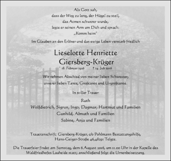 Anzeige von Lieselotte Henriette Giersberg-Krüger von Westfälische Nachrichten