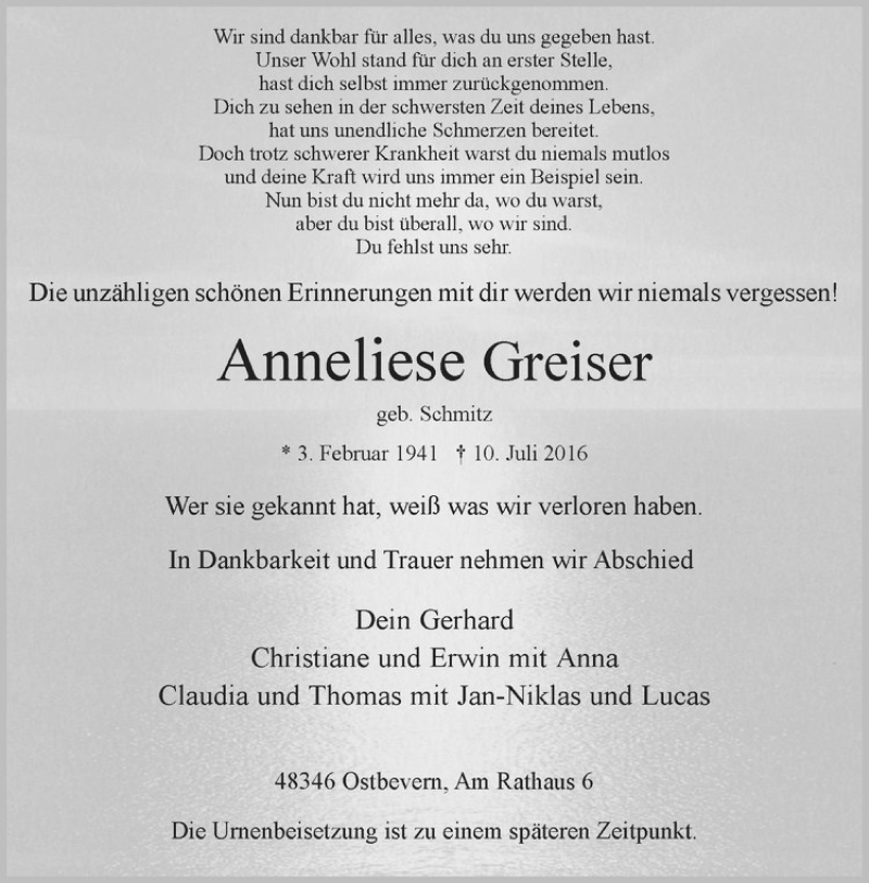  Traueranzeige für Anneliese Greiser vom 16.07.2016 aus Westfälische Nachrichten