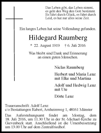 Anzeige von Hildegard Raumberg von Westfälische Nachrichten