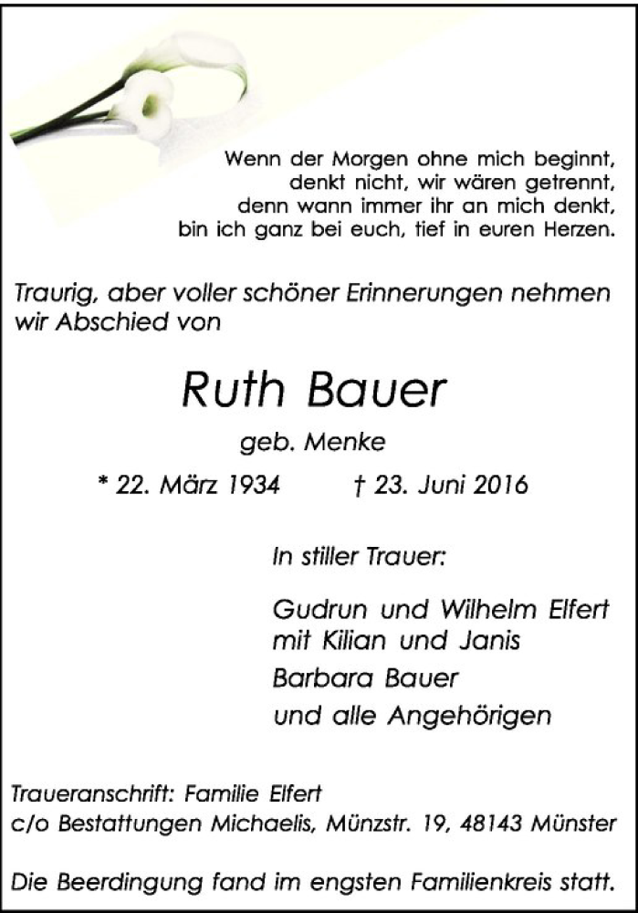  Traueranzeige für Ruth Bauer vom 02.07.2016 aus Westfälische Nachrichten