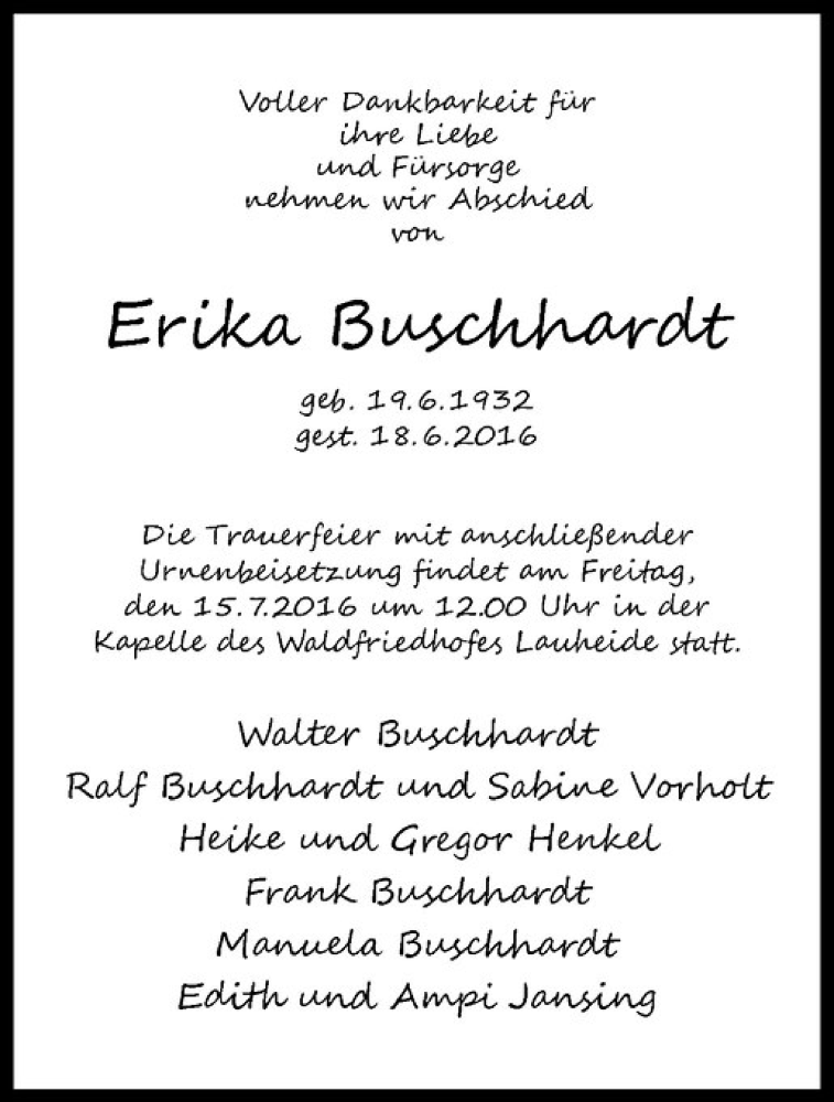  Traueranzeige für Erika Buschhardt vom 13.07.2016 aus Westfälische Nachrichten