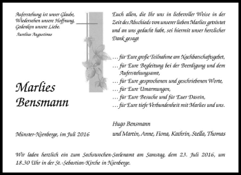 Anzeige von Marlies Bensmann von Westfälische Nachrichten