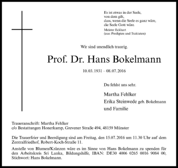 Anzeige von Hans Bokelmann von Westfälische Nachrichten