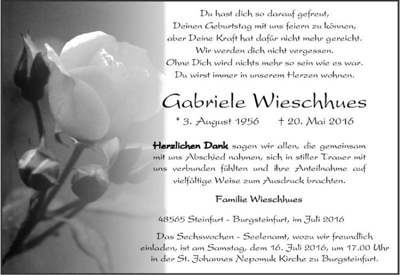  Traueranzeige für Gabriele Wieschhues vom 09.07.2016 aus Westfälische Nachrichten