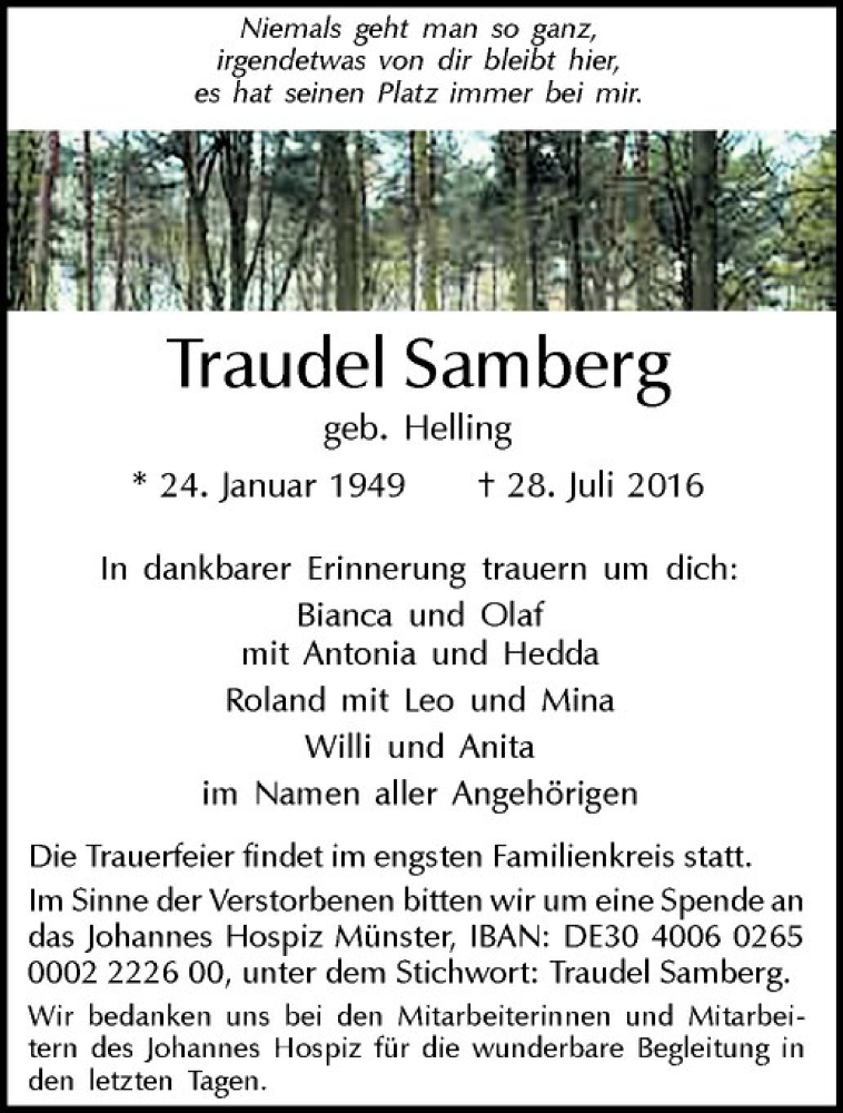  Traueranzeige für Traudel Samberg vom 30.07.2016 aus Westfälische Nachrichten