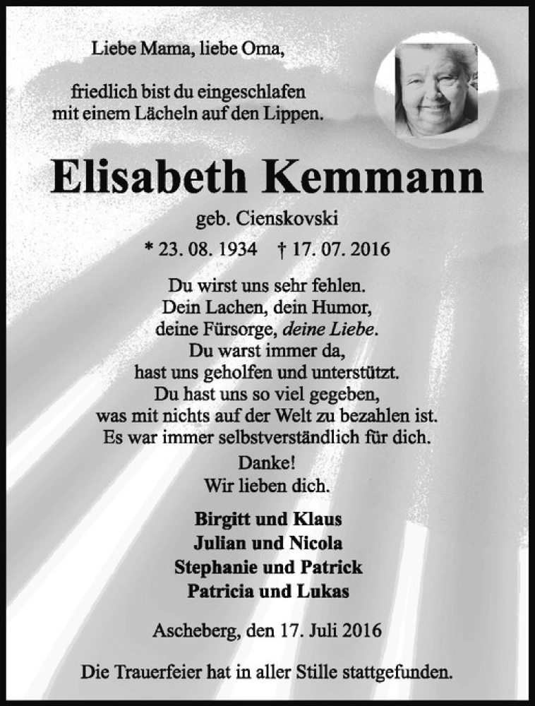  Traueranzeige für Elisabeth Kemmann vom 23.07.2016 aus Westfälische Nachrichten
