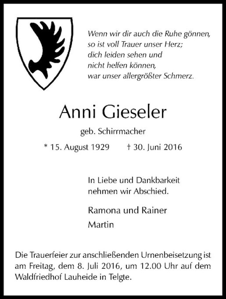  Traueranzeige für Anni Gieseler vom 06.07.2016 aus Westfälische Nachrichten