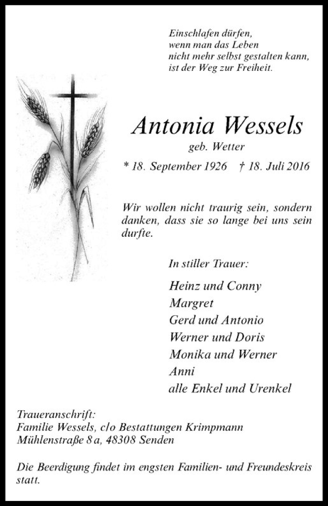  Traueranzeige für Antonia Wessels vom 21.07.2016 aus Westfälische Nachrichten