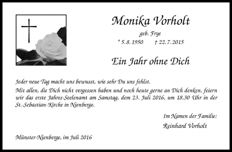  Traueranzeige für Monika Monika Vorholt geb. Frye vom 16.07.2016 aus Westfälische Nachrichten
