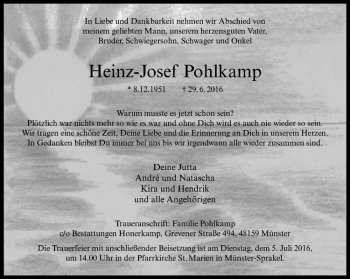 Anzeige von Heinz-Josef Pohlkamp von Westfälische Nachrichten