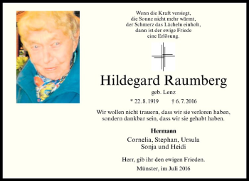 Anzeige von Hildegard Raumberg von Westfälische Nachrichten