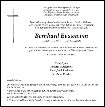 Anzeige von Bernhard Bussmann von Westfälische Nachrichten