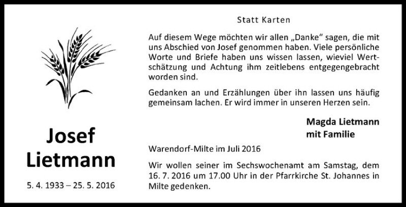  Traueranzeige für Josef Lietmann vom 09.07.2016 aus Westfälische Nachrichten