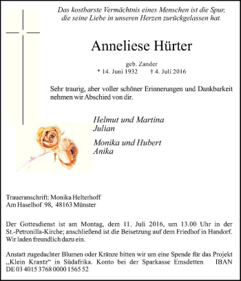 Anzeige von Anneliese Hürter von Westfälische Nachrichten