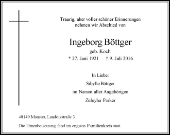 Anzeige von Ingeborg Böttger von Westfälische Nachrichten