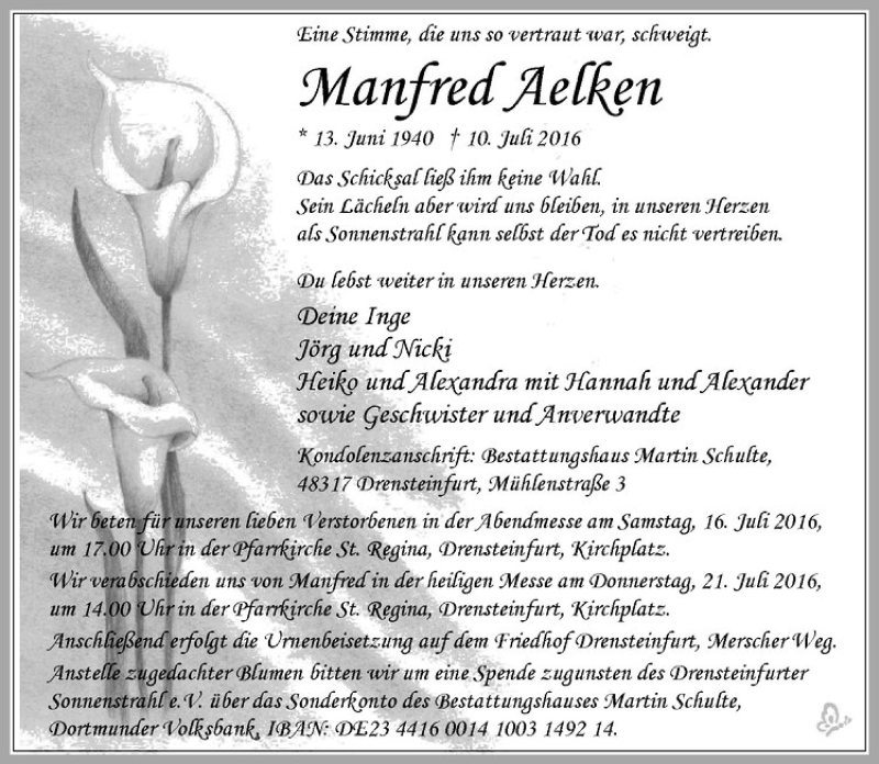  Traueranzeige für Manfred Aelken vom 16.07.2016 aus Westfälische Nachrichten