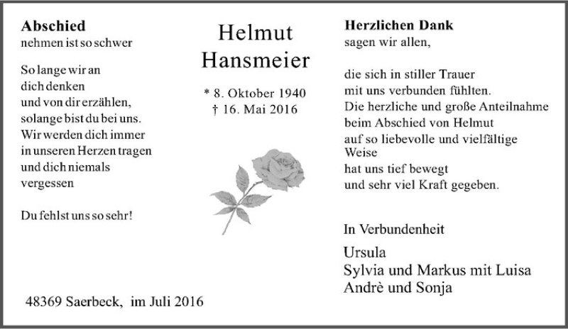  Traueranzeige für Helmut Hansmeier vom 07.07.2016 aus Westfälische Nachrichten