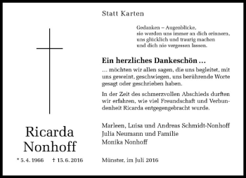 Anzeige von Ricarda Nonhoff von Westfälische Nachrichten