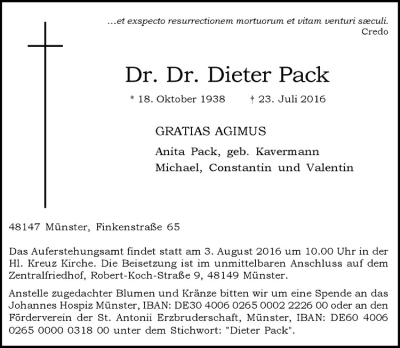  Traueranzeige für Dieter Pack vom 30.07.2016 aus Westfälische Nachrichten