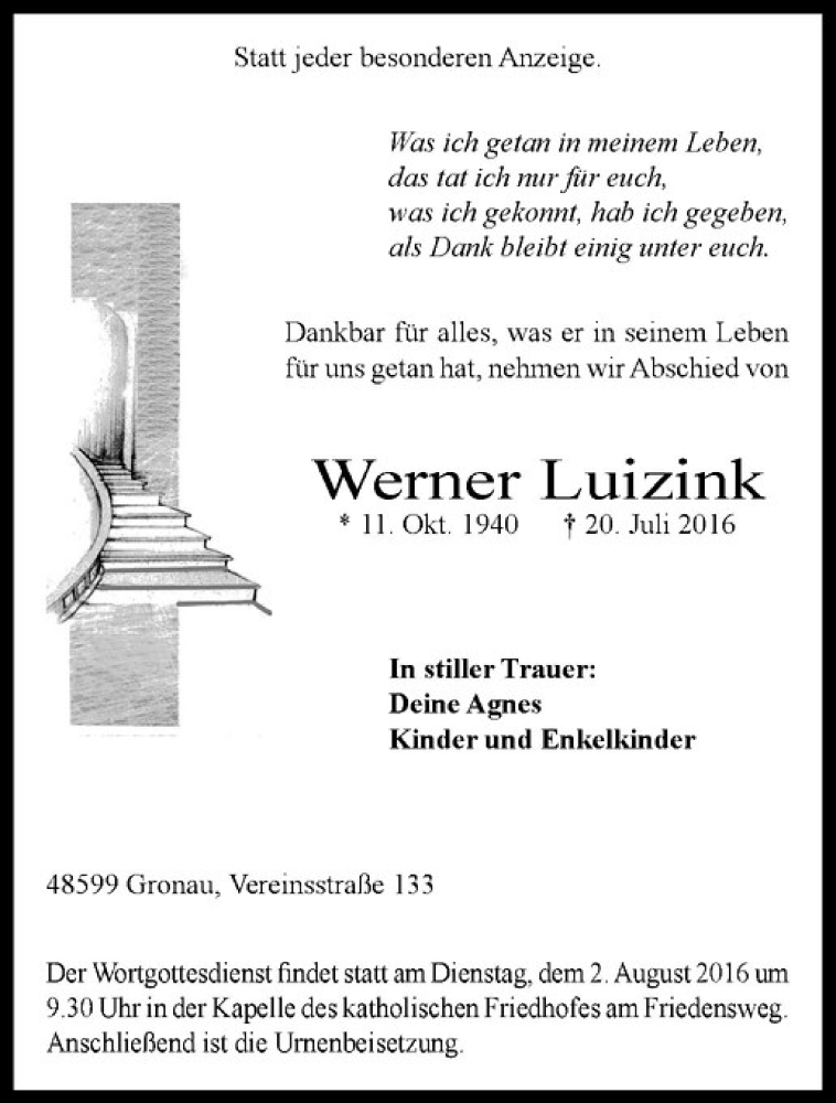  Traueranzeige für Werner Luizink vom 23.07.2016 aus Westfälische Nachrichten