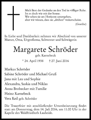 Anzeige von Margarete Schröder von Westfälische Nachrichten