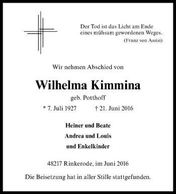 Anzeige von Wilhelma Kimmina von Westfälische Nachrichten