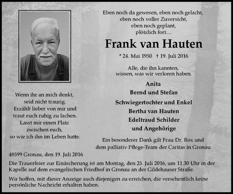  Traueranzeige für Frank van Hauten vom 22.07.2016 aus Westfälische Nachrichten