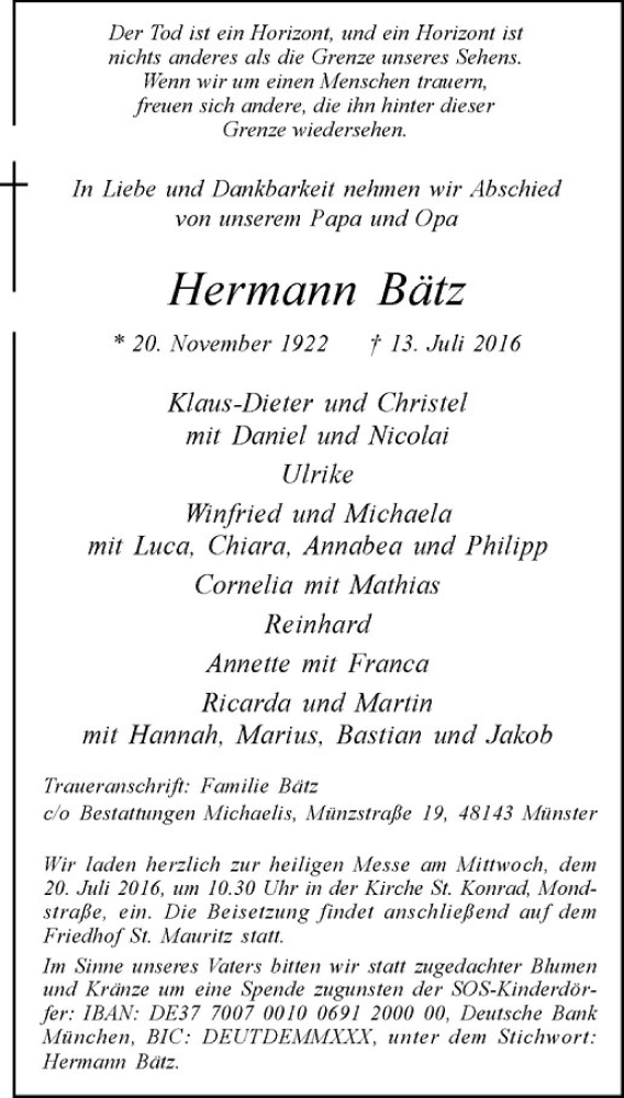  Traueranzeige für Hermann Bätz vom 16.07.2016 aus Westfälische Nachrichten