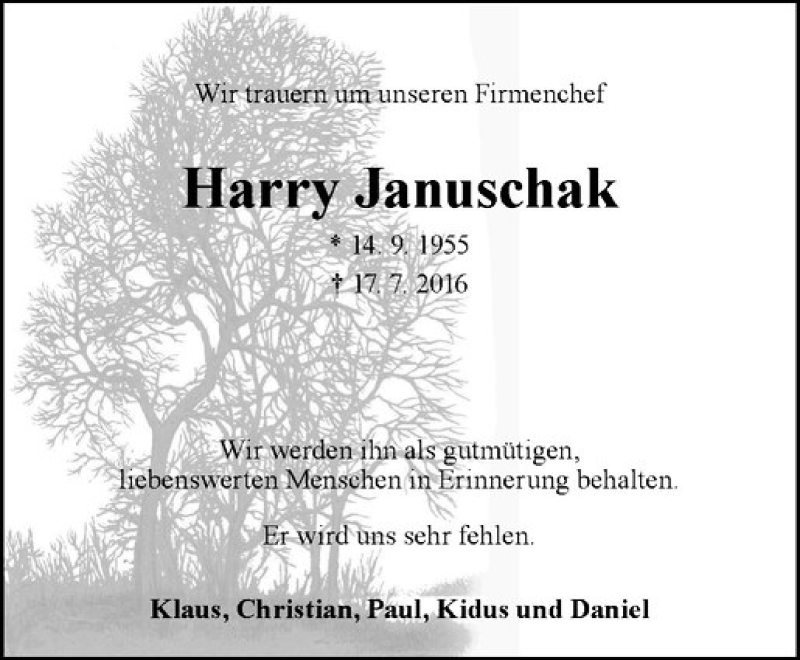  Traueranzeige für Harry Januschak vom 27.07.2016 aus Westfälische Nachrichten