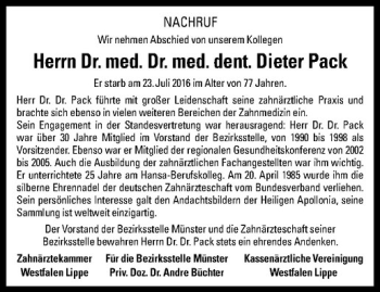 Anzeige von Dieter Pack von Westfälische Nachrichten