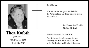 Anzeige von Thea Kofoth von Westfälische Nachrichten
