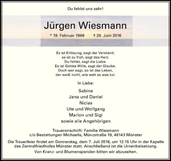 Anzeige von Jürgen Wiesmann von Westfälische Nachrichten