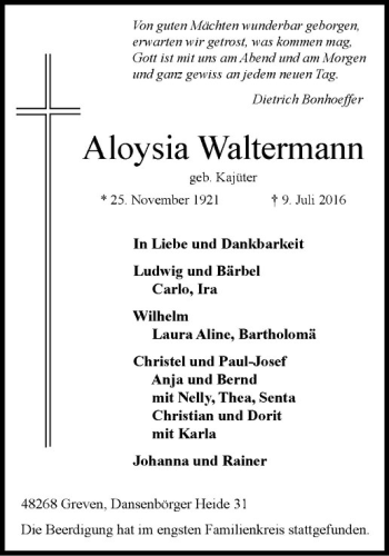 Anzeige von Aloysia Waltermann von Westfälische Nachrichten