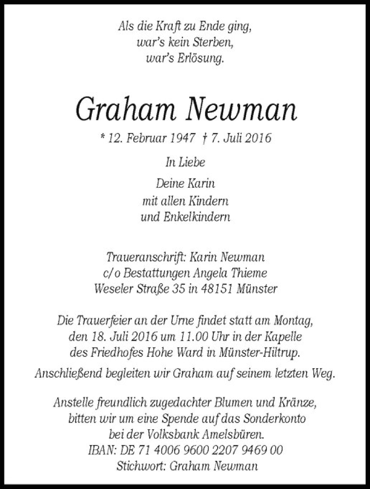  Traueranzeige für Graham Newman vom 09.07.2016 aus Westfälische Nachrichten