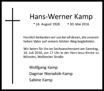 Anzeige von Hans-Werner Kamp von Westfälische Nachrichten